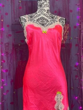 Victoria's Secret Hot Pink Slip with Cream Lace Trim